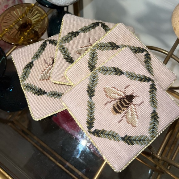 **SOLD****Needlepoint Bee Embroidered Coasters Set of 4 - Picture 1 of 5